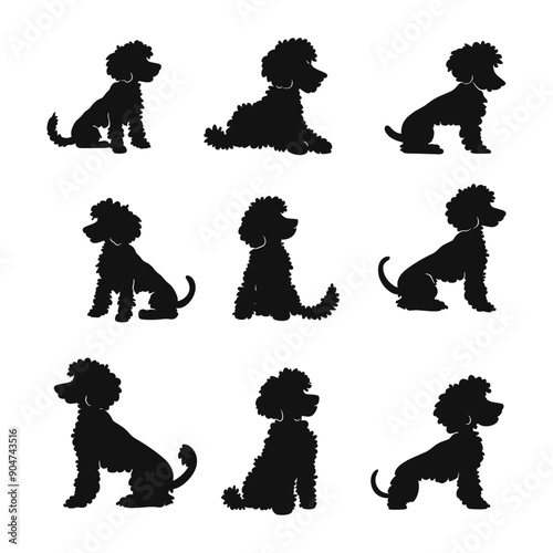 Set of 9 poodle silhouettes in different poses.