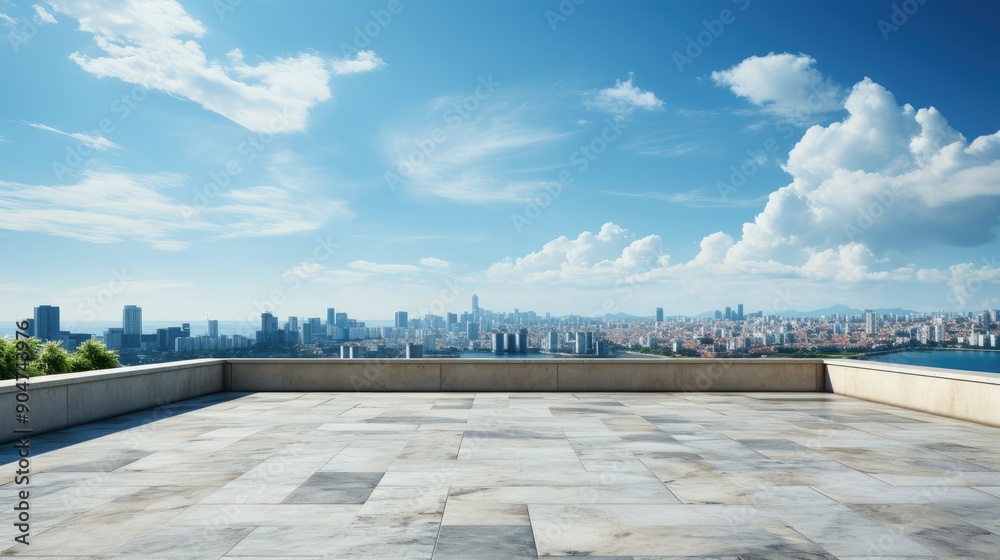 An open empty stone flat area at a high altitude of a high-rise building with a background of urban buildings. Beautiful sky, minimalistic style. An open empty stone flat area at a high altitude of a high-rise building with a background of urban buildings. Beautiful sky, minimalistic style.