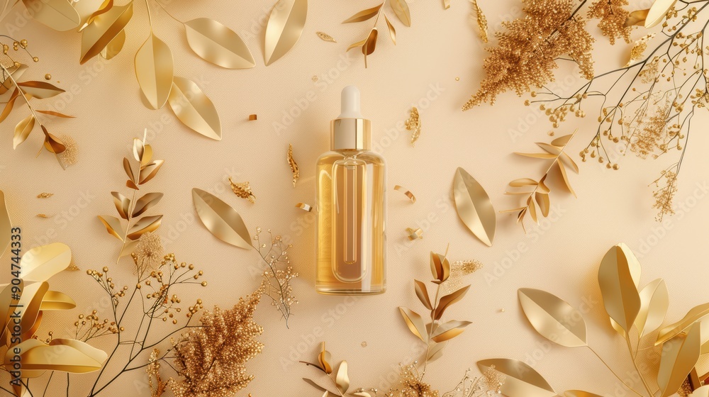 Obraz premium Golden Serum Bottle with Golden Leaves on Beige Background