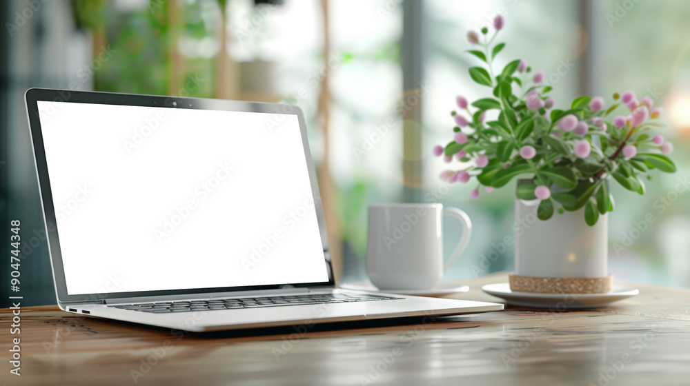 Modern Laptop Mockup on Wooden Cafe Table with Clipping Paths for Customization Modern Laptop Mockup on Wooden Cafe Table with Clipping Paths for Customization
