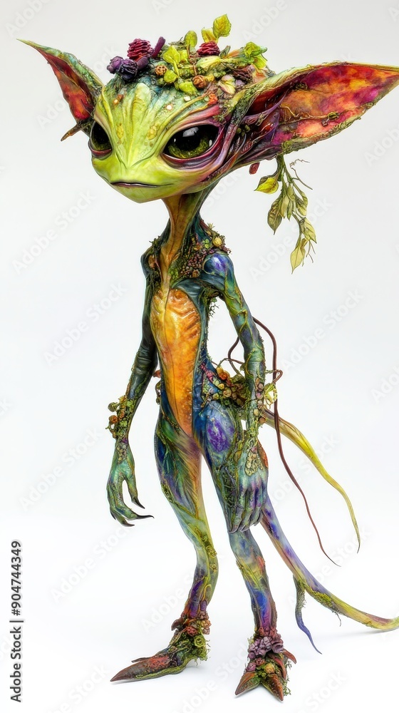Fototapeta premium A whimsical creature with vibrant colors, standing tall, adorned with leaves and flowers, embodying fantasy and magic.