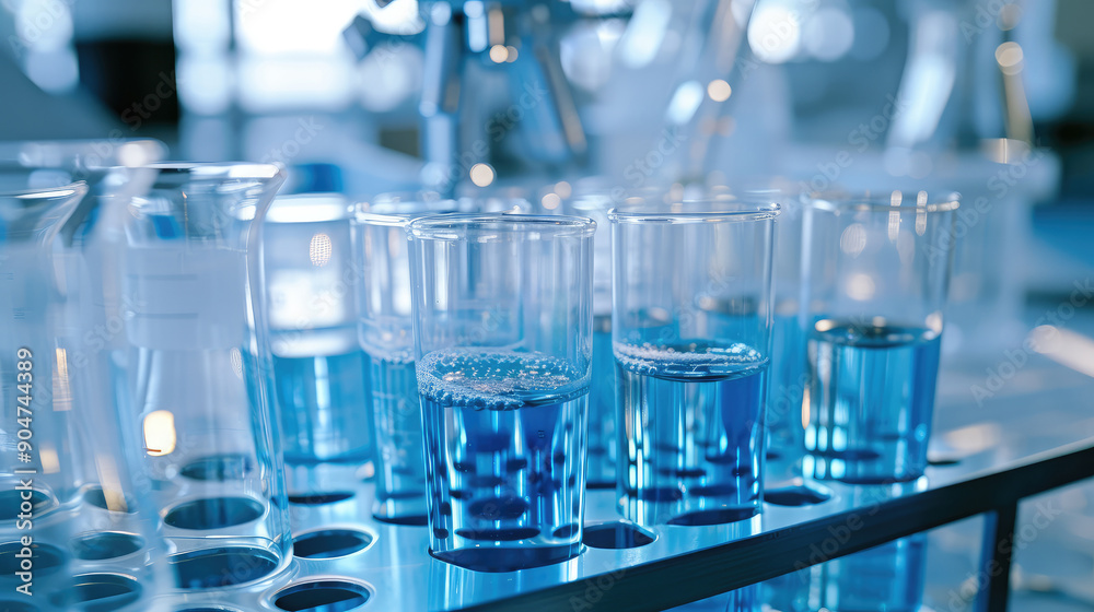 Scientific Glassware with Blue Chemical Solutions