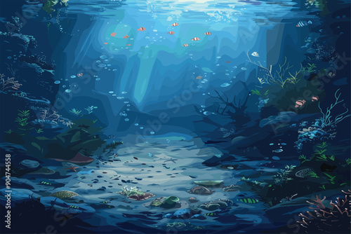 Underwater landscape. Realistic vector background. Underwater scene, the rays of the sun pass through the waves.