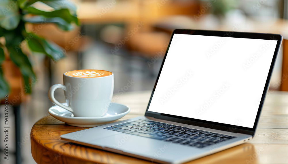Fototapeta premium Modern Laptop Mockup in Cozy Coffee Cafe with Clipping Path, Wooden Table Background.