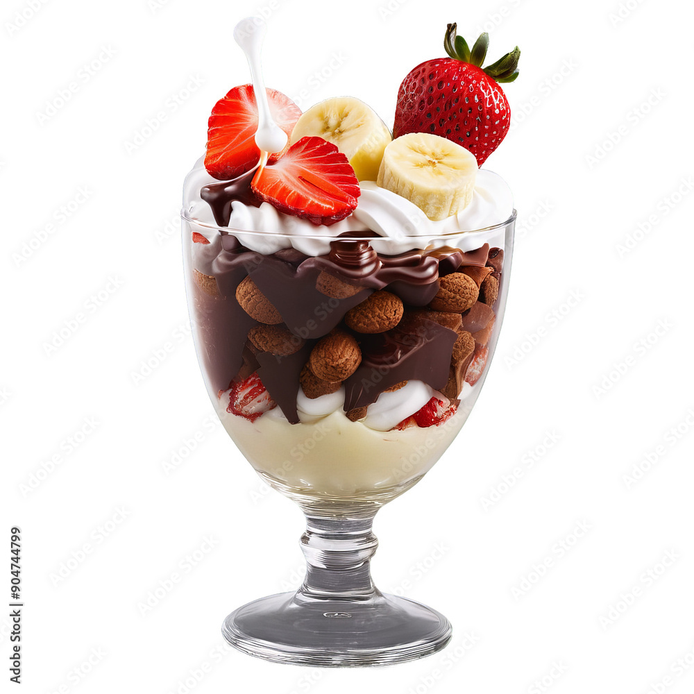 Banana split classic sundae with vanilla chocolate and strawberry scoops isolated on transparent Summer freshness Banana split classic sundae with vanilla chocolate and strawberry scoops isolated on transparent Summer freshness