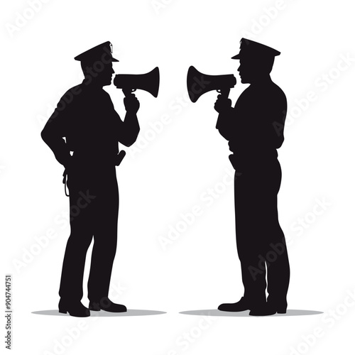 Silhouettes of two police officers talking through megaphones.