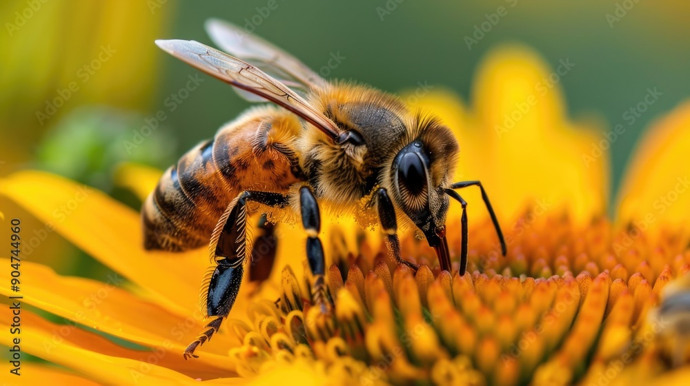 Honeybee gathering pollen on yellow flower Honeybee gathering pollen on yellow flower