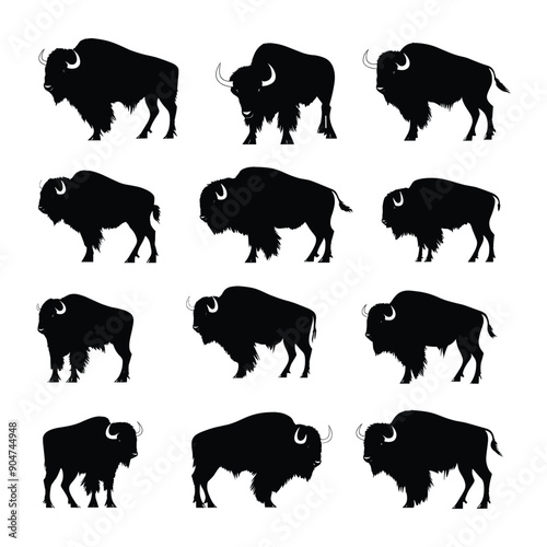 Silhouettes of bison in different poses. Vector illustration.