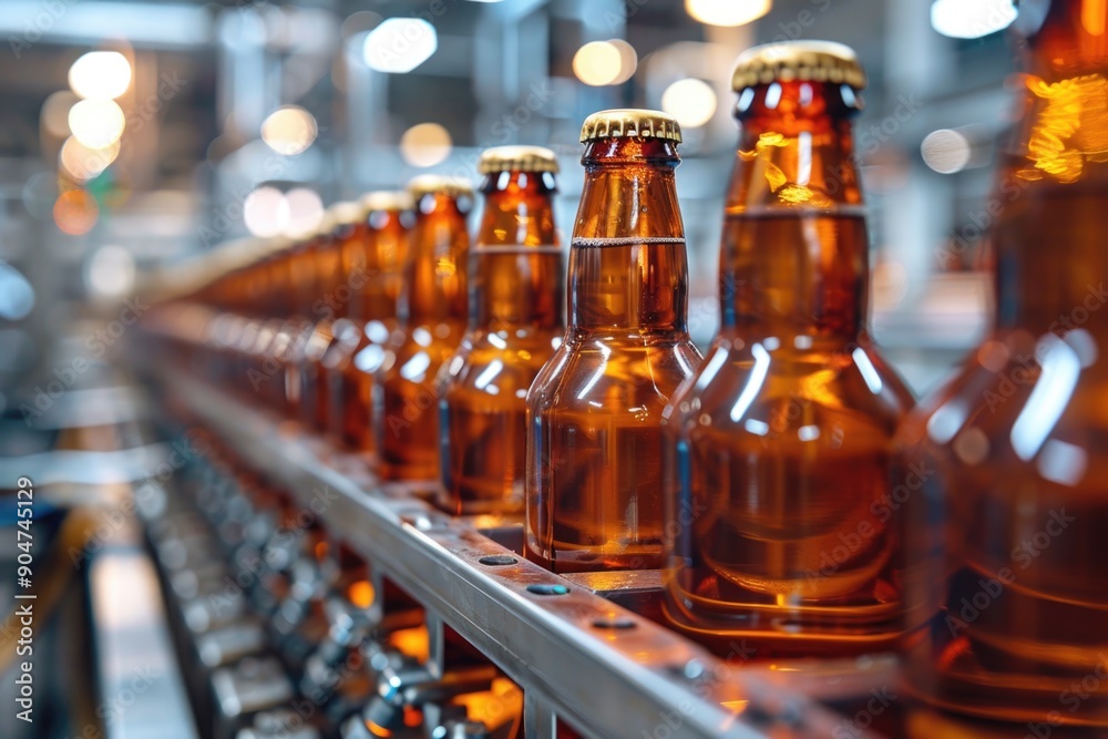 Glass bottles moving along a conveyor belt in a manufacturing facility. Glass bottles moving along a conveyor belt in a manufacturing facility.