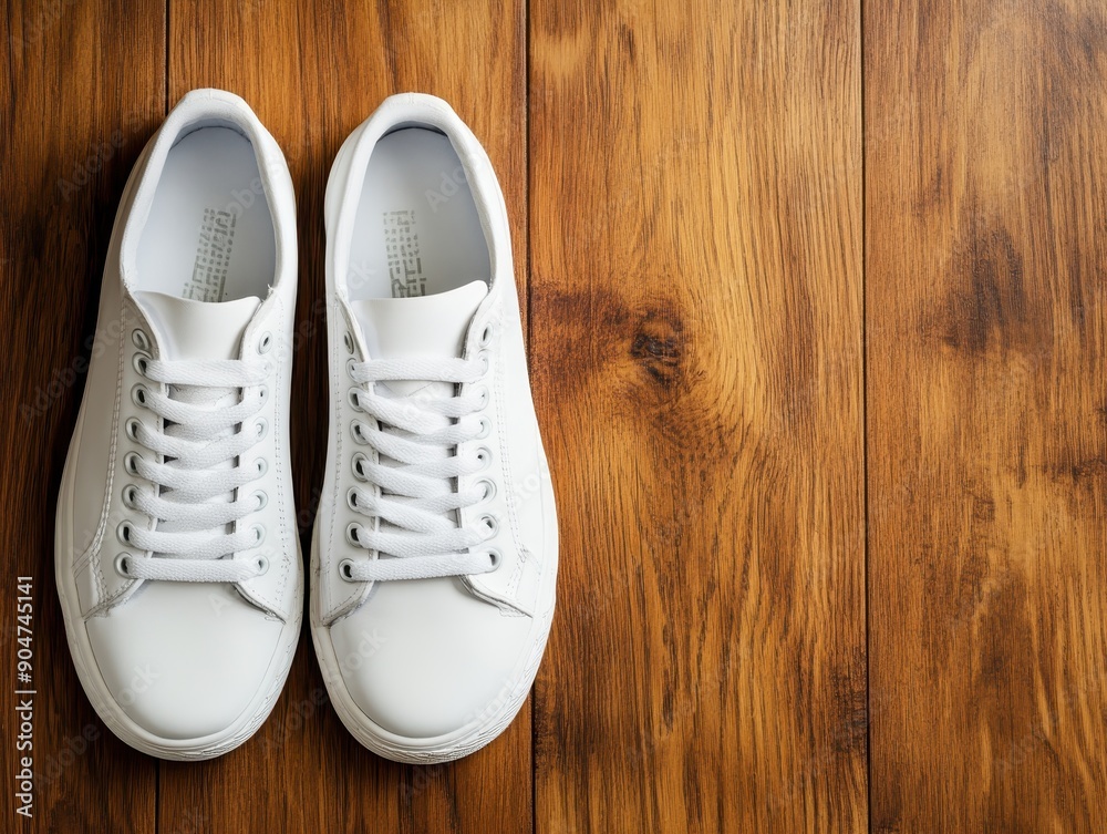 Stylish White Sneakers on Wooden Floor - Modern Footwear for Casual and Sporty Outfits Stylish White Sneakers on Wooden Floor - Modern Footwear for Casual and Sporty Outfits