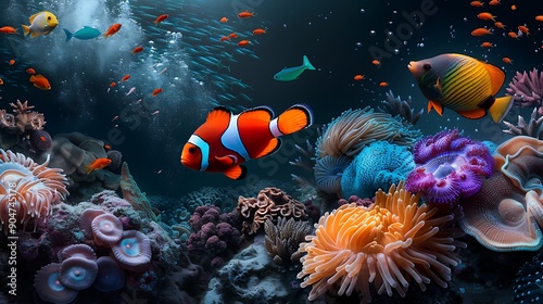 Fototapeta Naklejka Na Ścianę i Meble -  Vibrant digital artwork: a vibrant coral reef teeming with colorful fish and bioluminescent creatures
