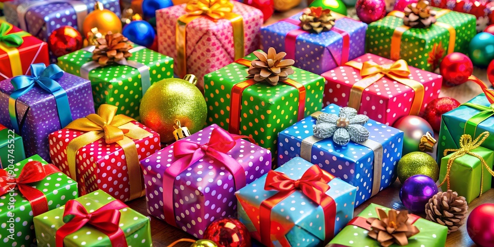 Fototapeta premium Colorful Christmas Presents with Ornaments and Pine Cones on Wooden Table