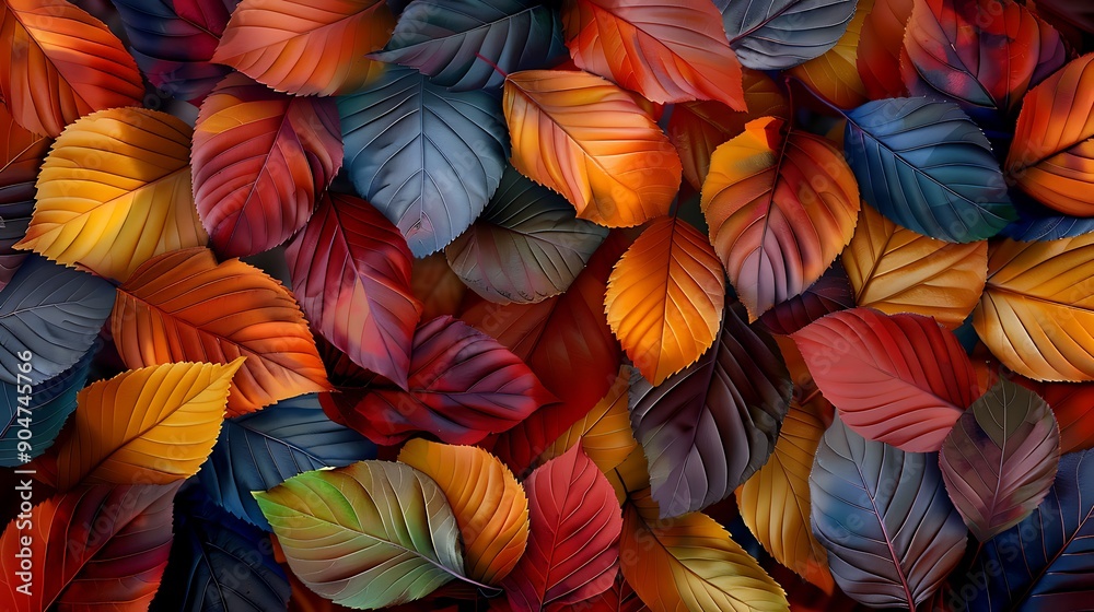 A digital painting of a semi close-up of colorful autumn leaves, vibrant and textured,more clarity with clear light and sharp focus, high detailed