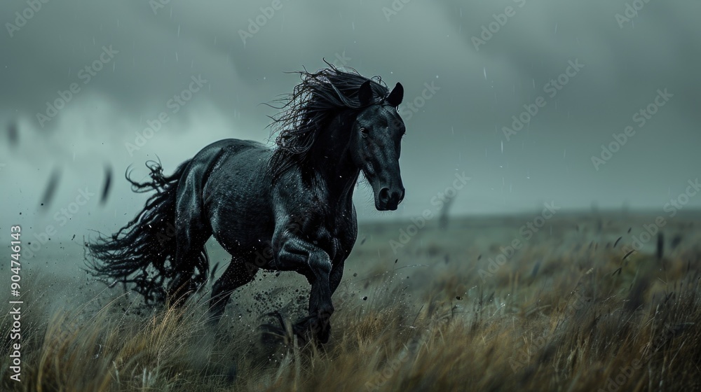 Horse running through field of tall grass Horse running through field of tall grass