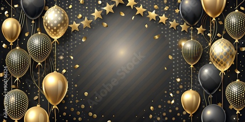 Black and Gold Balloons with Confetti and Stars on a Dark Background