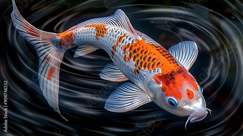 A digital painting of a semi close-up of a koi fish in a pond, vivid colors and patterns, more clarity with clear light and sharp focus, high detailed photo