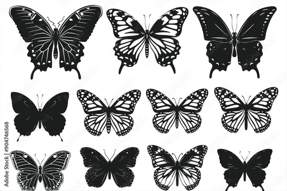 Set of butterfly silhouettes. Butterfly Silhouettes. Butterfly silhouette icons set. Vector Illustrations. Set of butterfly silhouettes. Butterfly Silhouettes. Butterfly silhouette icons set. Vector Illustrations.