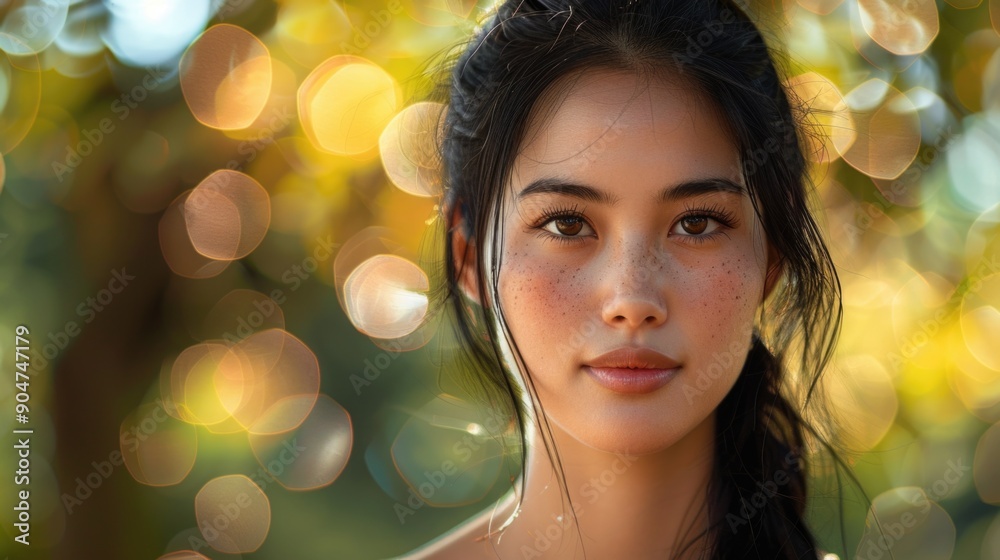 Portrait of a Young Woman with Freckles Among Glowing Bokeh Lights of Nature Portrait of a Young Woman with Freckles Among Glowing Bokeh Lights of Nature