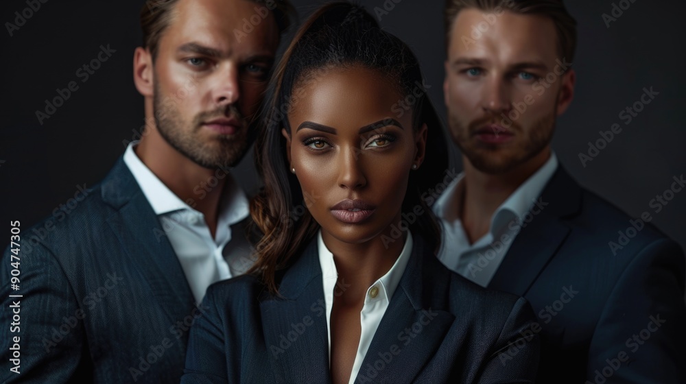 Group of business people standing in front of dark background Group of business people standing in front of dark background
