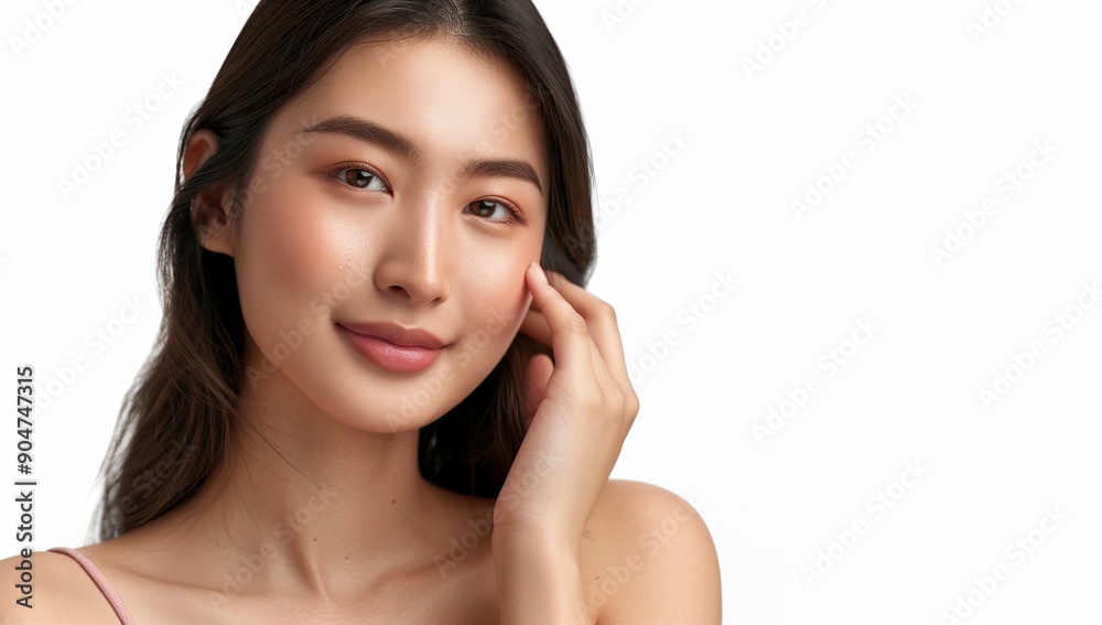 Early-20s Korean woman in pink, touching face, warm tone, white. Early-20s Korean woman in pink, touching face, warm tone, white.