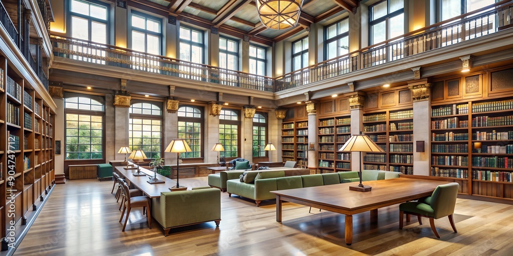 Classic Library Interior with Wooden Bookshelves and Large Windows Classic Library Interior with Wooden Bookshelves and Large Windows