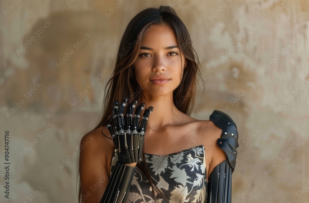 Woman wearing a black prosthetic arm Woman wearing a black prosthetic arm