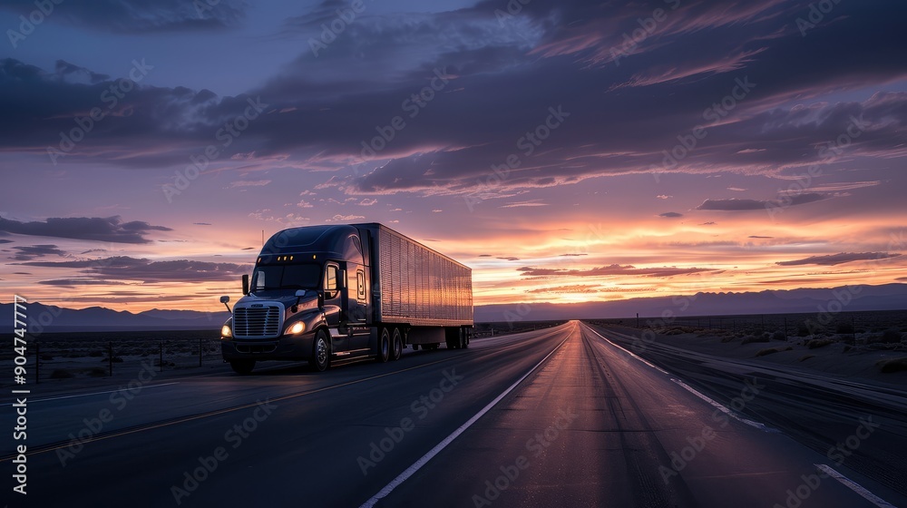Semi Truck Driving on Highway at Sunset Semi Truck Driving on Highway at Sunset