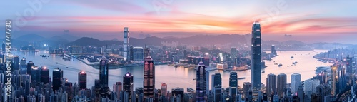 A city skyline with a large body of water in the background