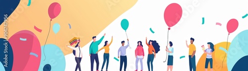 Diverse group of people celebrating with colorful decorations and balloons.