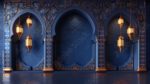 Majestic blue and gold archways reflecting on glossy marble floor