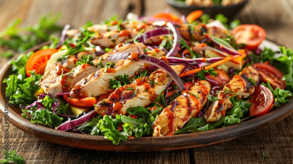 Fresh salad with a variety of colorful vegetables, topped with grilled chicken and drizzled with dressing, set on a rustic wooden table with natural light streaming in, emphasizing health and freshnes Fresh salad with a variety of colorful vegetables, topped with grilled chicken and drizzled with dressing, set on a rustic wooden table with natural light streaming in, emphasizing health and freshnes