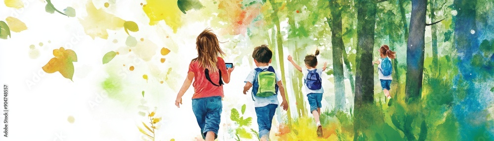 Obraz premium Exploring Nature with Augmented Reality: Engaging Outdoor Science Lesson for Kids, Educational Watercolor Experience