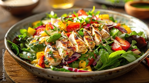 Fresh salad with a variety of colorful vegetables, topped with grilled chicken and drizzled with dressing, set on a rustic wooden table with natural light streaming in, emphasizing health and freshnes