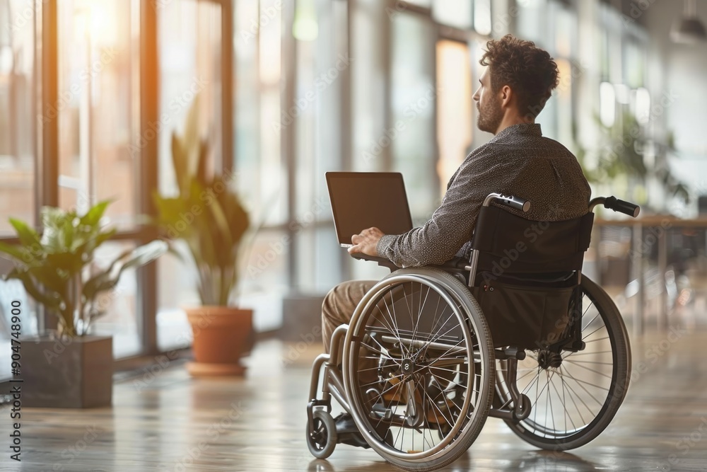 Man in wheelchair using laptop Man in wheelchair using laptop
