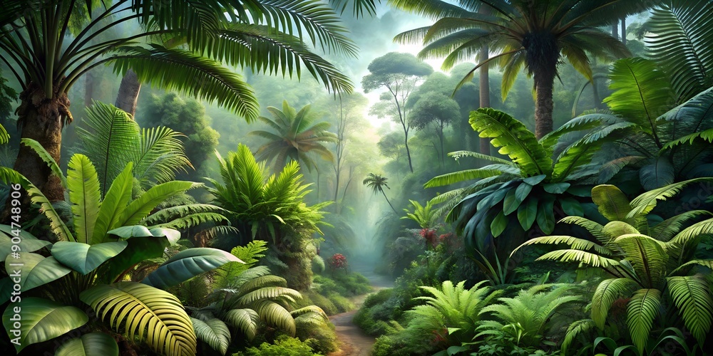 Fototapeta premium Lush Green Tropical Jungle Landscape with Path and Fog - High-Resolution Background for