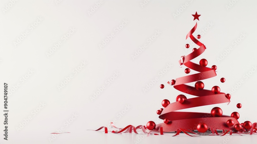 Abstract Red Ribbon Christmas Tree on White Background Abstract Red Ribbon Christmas Tree on White Background