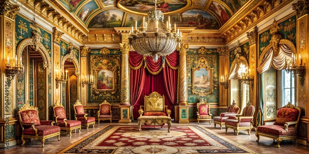 Obraz premium Ornate Gold and Red Throne Room Interior with Chandelier and Paintings