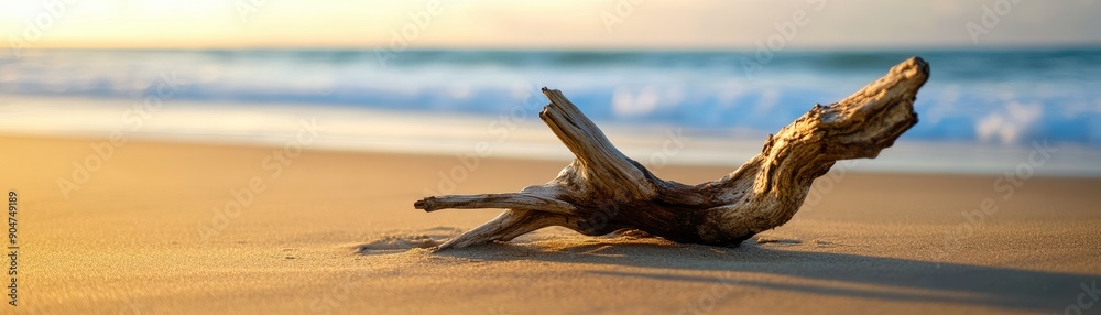 Driftwood on a Sandy Beach with Ocean Waves and Golden Sunset in the Background Driftwood on a Sandy Beach with Ocean Waves and Golden Sunset in the Background