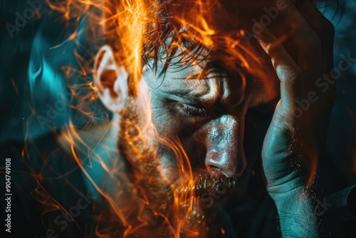 Man in Distress with Fiery Visual Effects  Mental Struggle and Emotional Turbulence photo