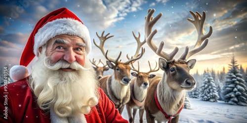 Santa Claus with Reindeer in Snowy Winter Wonderland