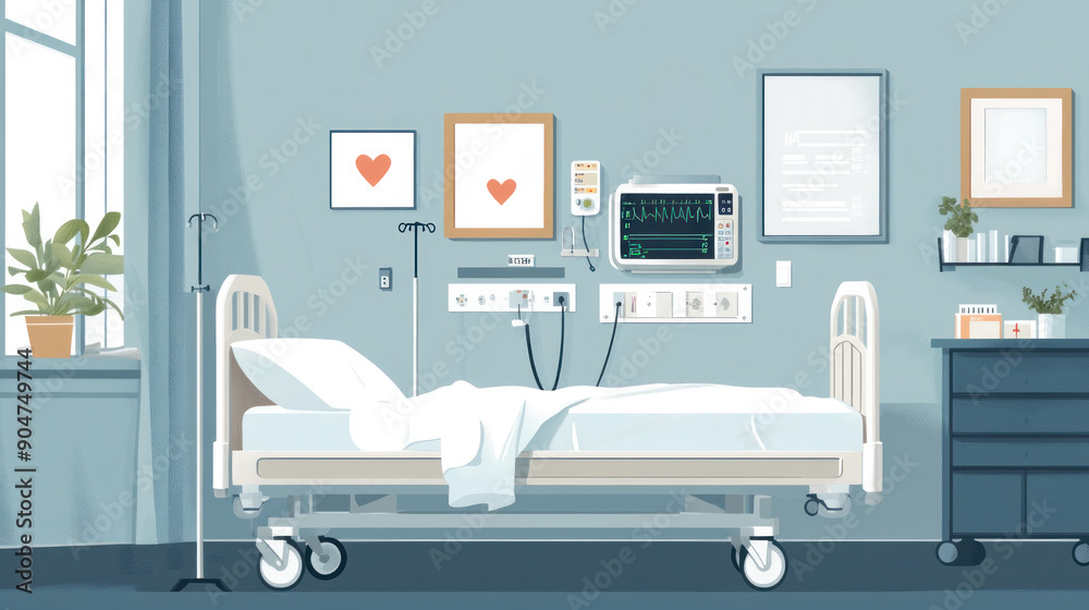 A hospital room with a bed, a plant, and a picture of a heart. The room is clean and well-lit, with a sense of calmness and hope