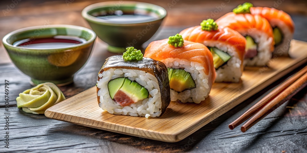 Delicious Salmon Sushi Rolls with Soy Sauce and Chopsticks on a Wooden Board Delicious Salmon Sushi Rolls with Soy Sauce and Chopsticks on a Wooden Board