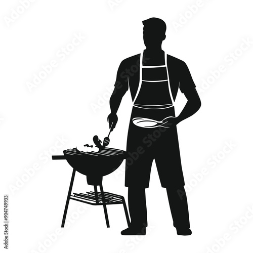 Silhouette of a man grilling on a barbecue grill.