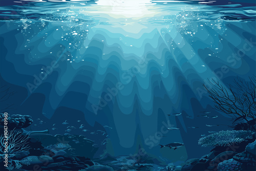  Underwater landscape. Realistic vector background. Underwater scene, the rays of the sun pass through the waves.