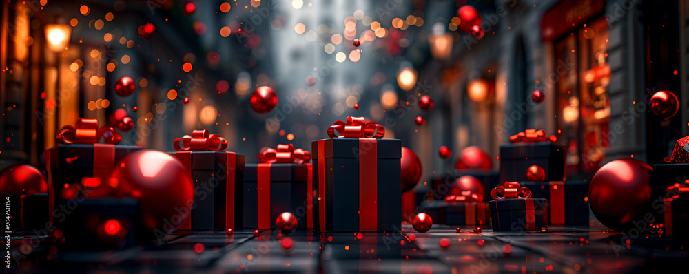 A Christmas scene with many red boxes and balls. Scene is festive and joyful A Christmas scene with many red boxes and balls. Scene is festive and joyful