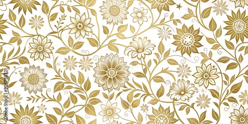 Golden Floral Pattern Seamless Background - Illustration