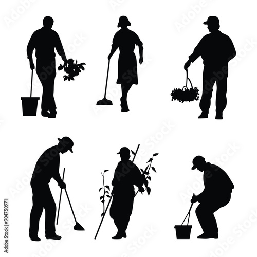 Silhouettes of six people cleaning and gardening. 