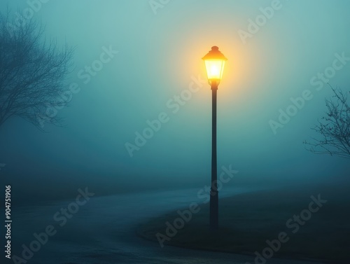 Lonely Street Lamp Illuminating a Foggy Pathway at Dawn in a Serene Landscape