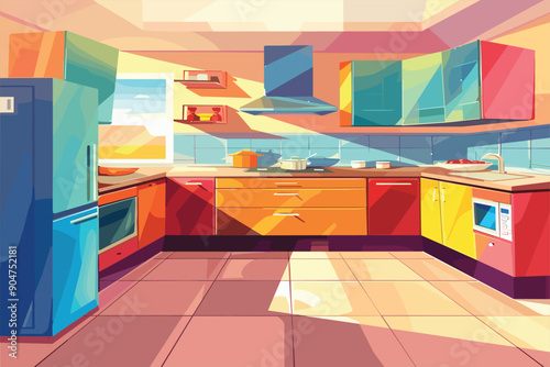 Modern kitchen interior illustration in cartoon style. Bright colors, empty room scene for game background. 