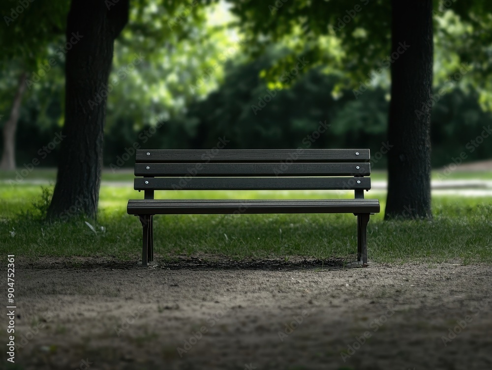 Tranquil Park Bench Under Shady Trees in a Serene Green Park on a Sunny Day Tranquil Park Bench Under Shady Trees in a Serene Green Park on a Sunny Day